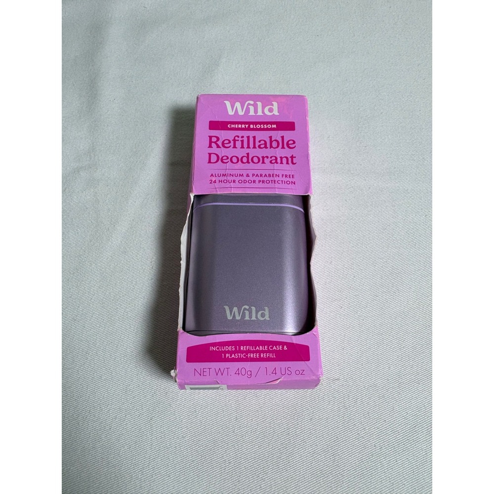 Wild Refillable Deodorant 1.4oz Cherry Blossom NEW Purple Aluminum Case Refill
